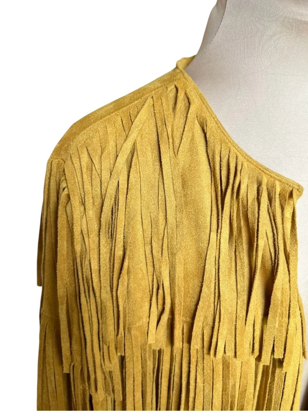 DO + BE Faux Leather Suede Yellow Multi-Tiered Fringe Open Jacket L - Picture 4 of 13